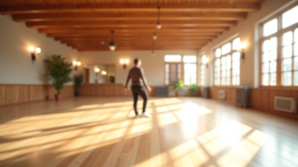 Mature adult dancing in bright Portuguese dance studio with wooden floors and natural light