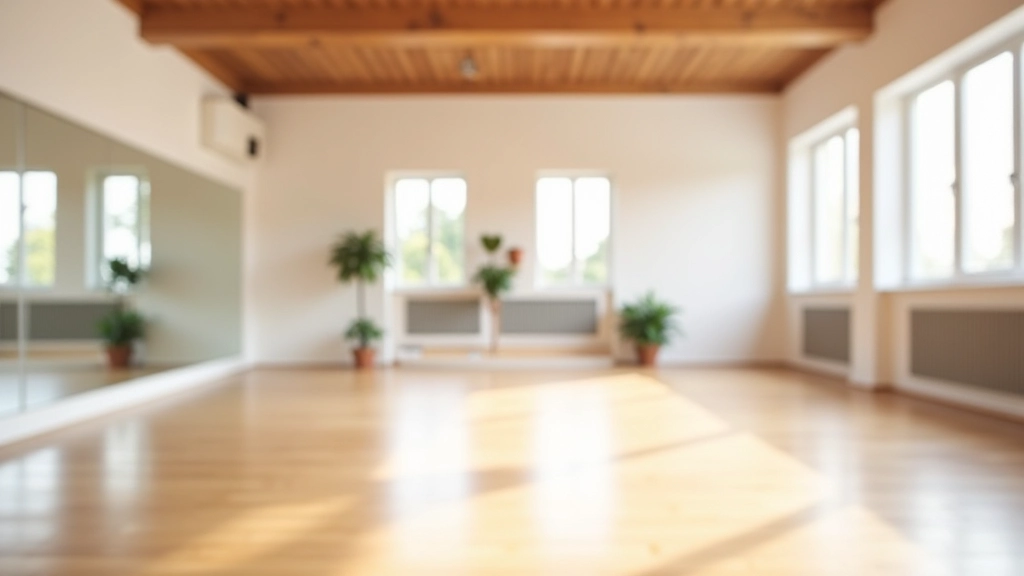 Interior of a bright dance studio in Portugal with mirrors, wooden floors, and natural light from large windows