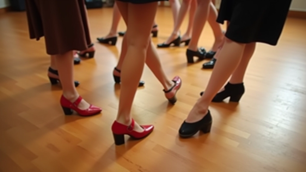 Feet of multiple dancers in a circle, showing different dance shoe styles on a polished studio floor