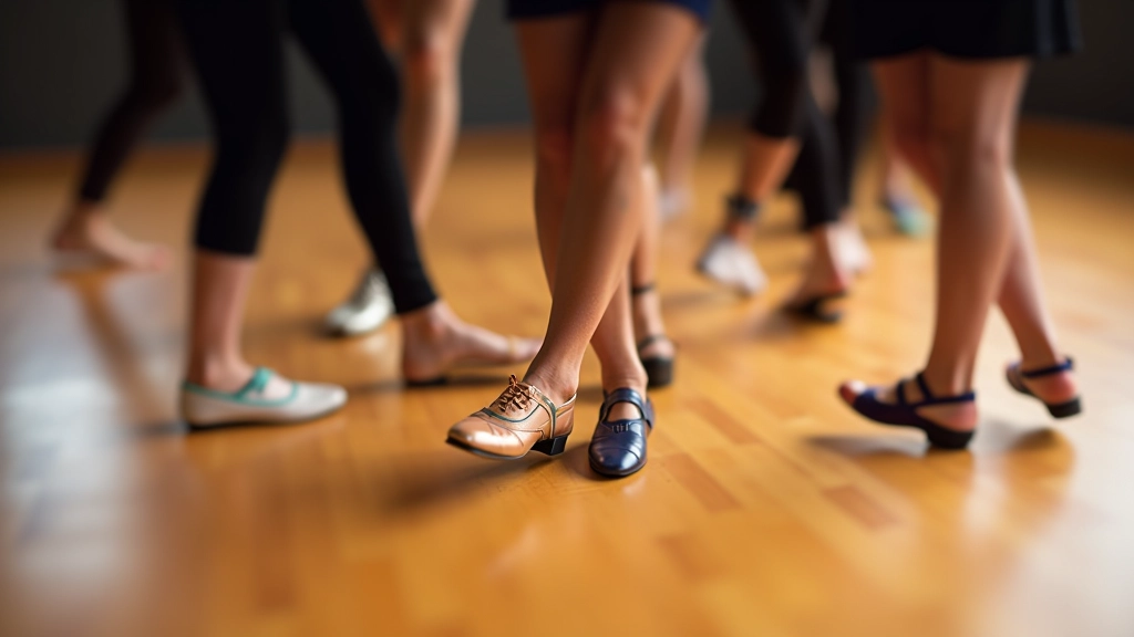 Close-up of multiple pairs of feet in dance shoes on a polished wooden dance floor during a class