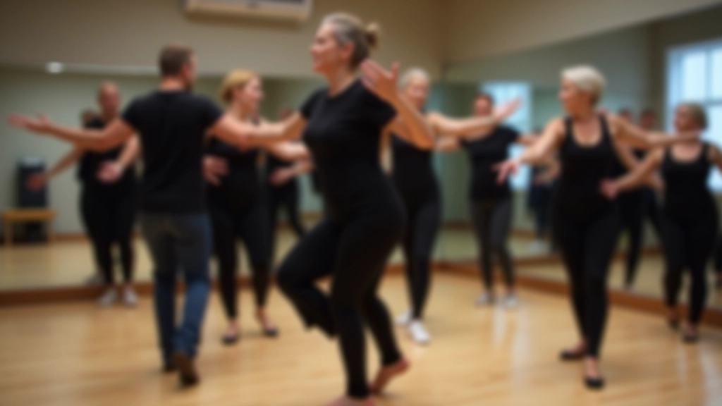 Dance instructor demonstrating footwork to a small group of beginner students in a studio with wooden floors