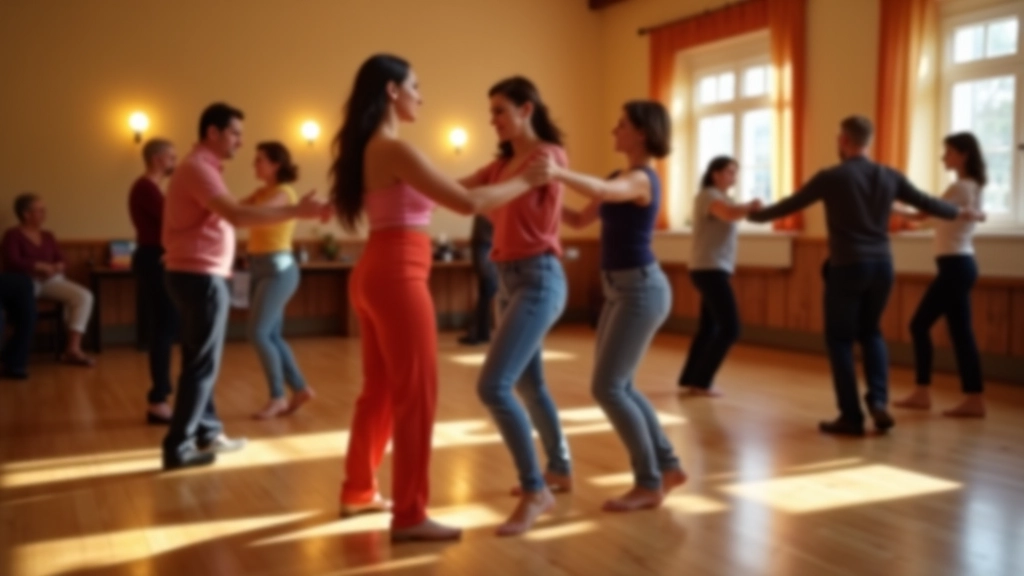Beginner dance class with multiple couples learning bachata basics in a well-lit studio
