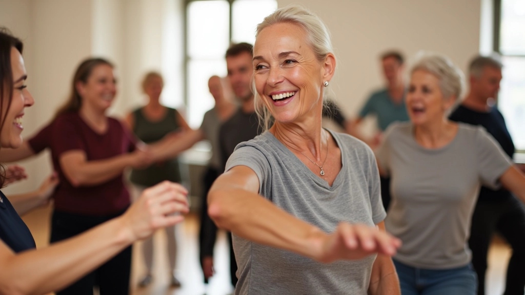 Mixed group of older adults dancing together in a supportive class environment