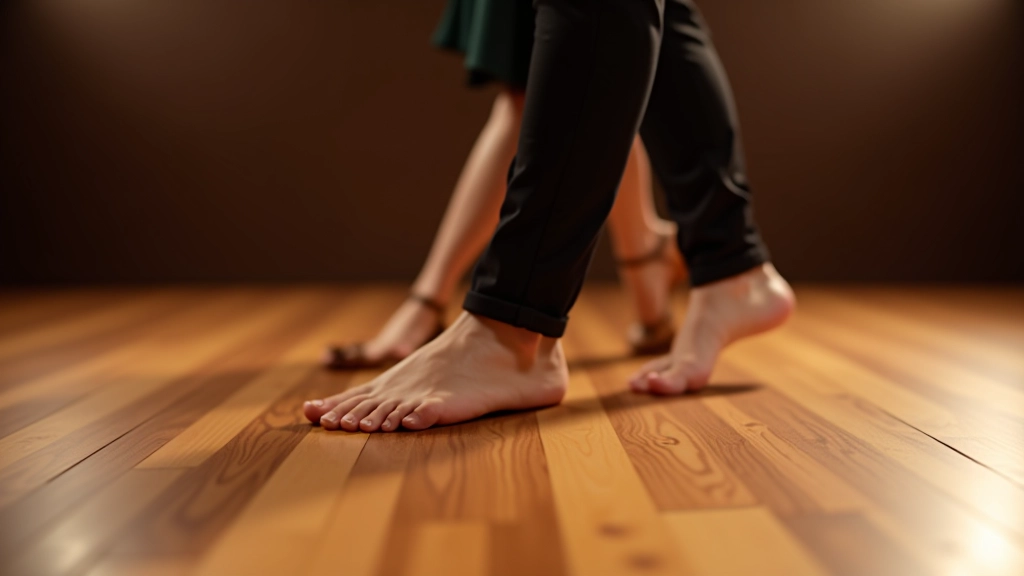 Close-up of feet showing basic salsa step positioning on a wooden dance floor, demonstrating proper foot placement