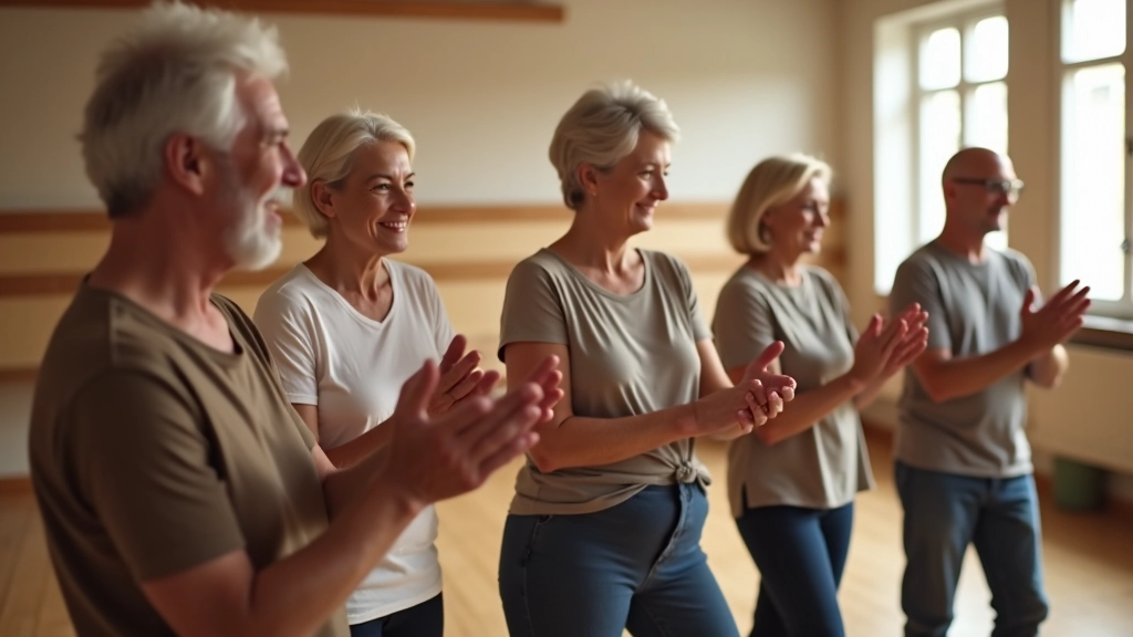 Group of mature adults smiling and clapping together in a bright dance studio during a social gathering