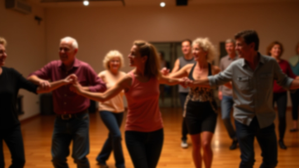 Group of adults dancing together at a social dance event in a studio