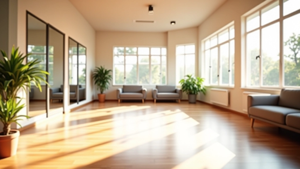 Bright modern dance studio interior with mirrors, wooden flooring, and comfortable waiting area with plants