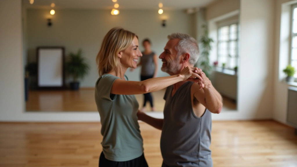 Older couple dancing together in a bright studio space with wooden floors