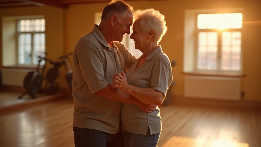 Two mature dancers practicing together in a dance studio