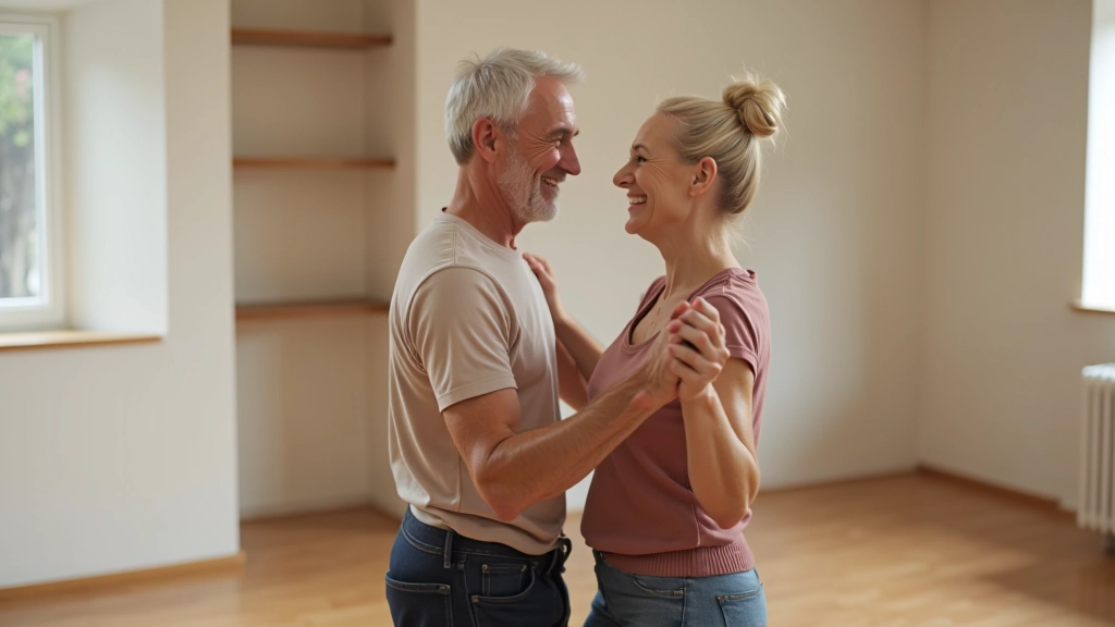 Mature couple dancing together in a studio, demonstrating proper posture and partnership positioning