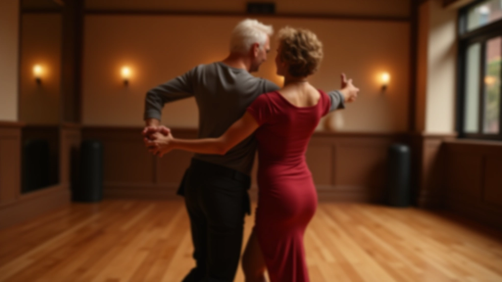 Dance partners performing salsa, man in dark shirt and woman in colorful dress, mid-spin on dance floor with proper frame positioning