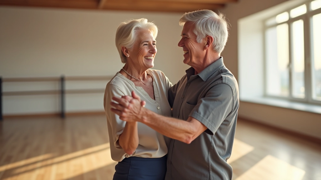 Senior dancers enjoying bachata in a bright studio environment